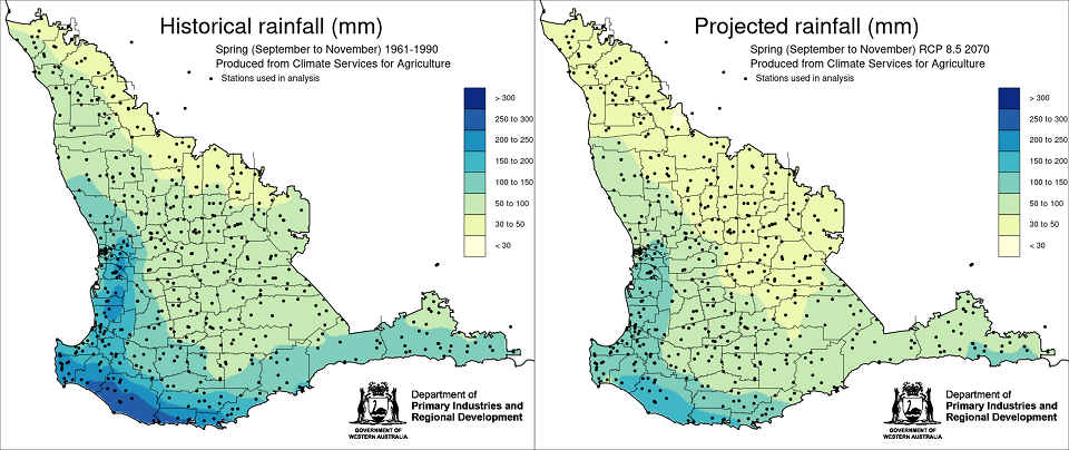 Maps of the south west land division of Western Australia, showing the projected rainfall for spring 2070 compared to historical rainfall for spring for the period 1961-1990. The projection shows the rainfall to be less, particularly in the southern coastal regions in 2070.