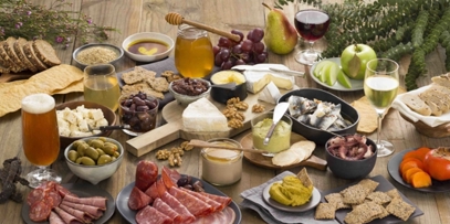 Overhead view of a large group of local food and beverage produce
