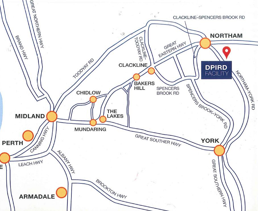Map of Northam highlighting the location of the Northam Grain research facilities